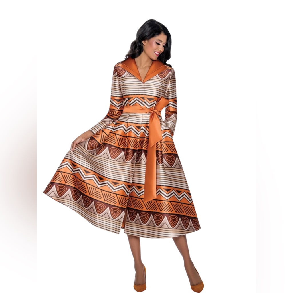 Orange And Brown Long Sleeve A-Line Dress With V-Neck